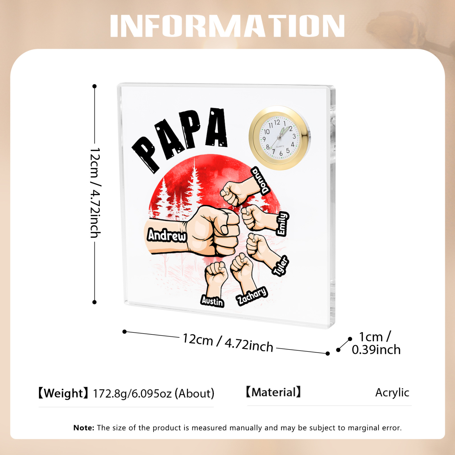 À Papa/Papi - Plaque Acrylique Poings Carré avec Horloge 6 Prénoms et 1 Texte Personnalisés
