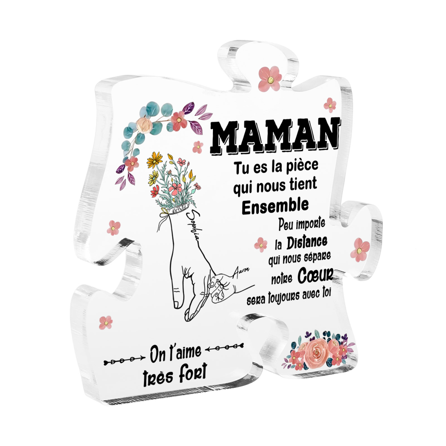 À ma Maman - Plaque Acrylique en forme de Puzzle 2 Prénoms Personnalisés la Main dans la Main