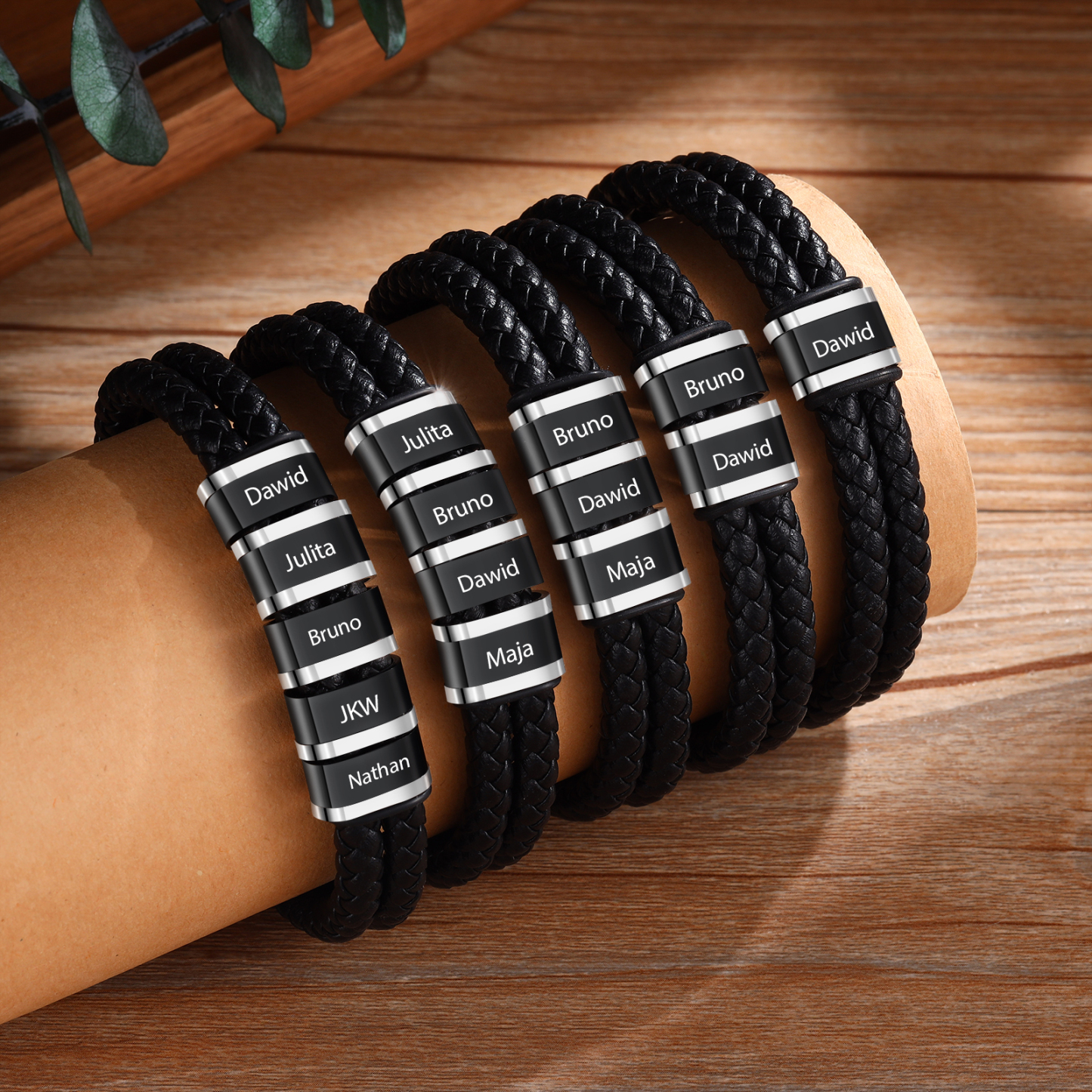 Bracelet Personnalisé en Cuir et Acier Inoxydable Personnalisé avec 3 Prénoms Bracelet Homme | Jessemade