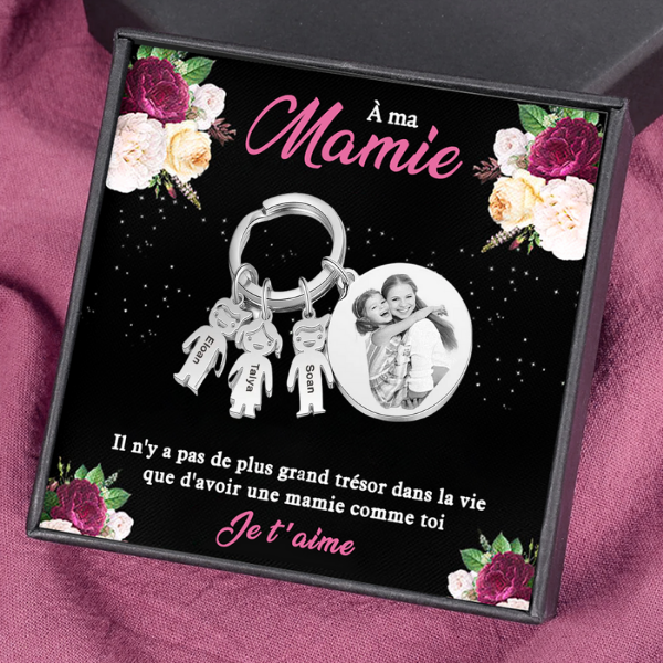 À Ma Mamie-Porte-Clés 3 Prénoms Personnalisé et photo et texte Avec Breloques 3 Enfants