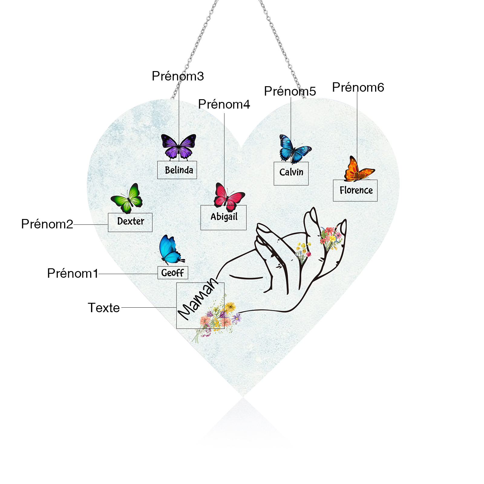 À Maman/Mamie - Veilleuse Cœur Décoration Main et Papillon 6 Prénoms Personnalisés avec 1 Texte