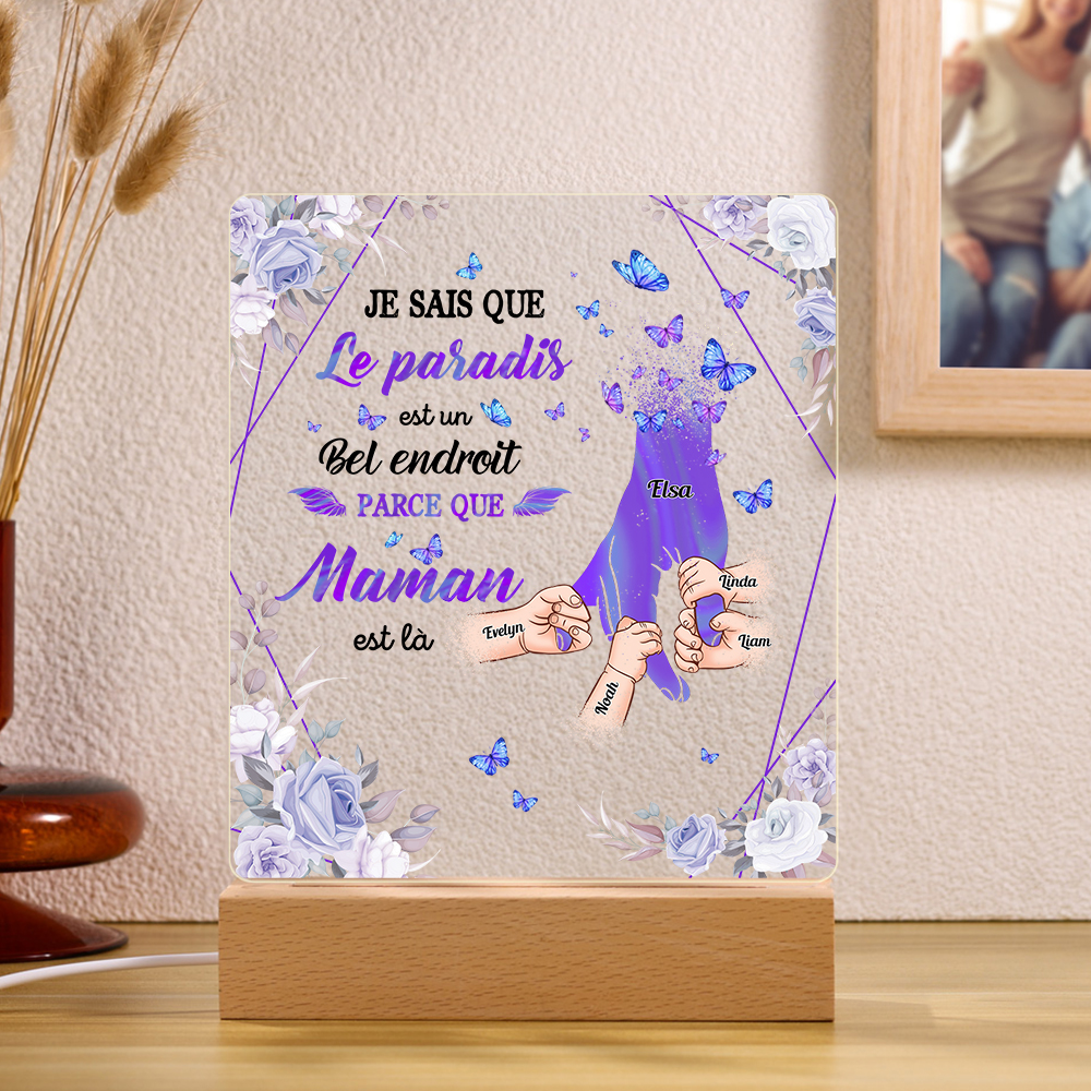 À Maman/Papa - Lampe de chevet LED Commémorative 5 Prénoms Personnalisés avec 1 Texte Lampe de chevet la main dans la main