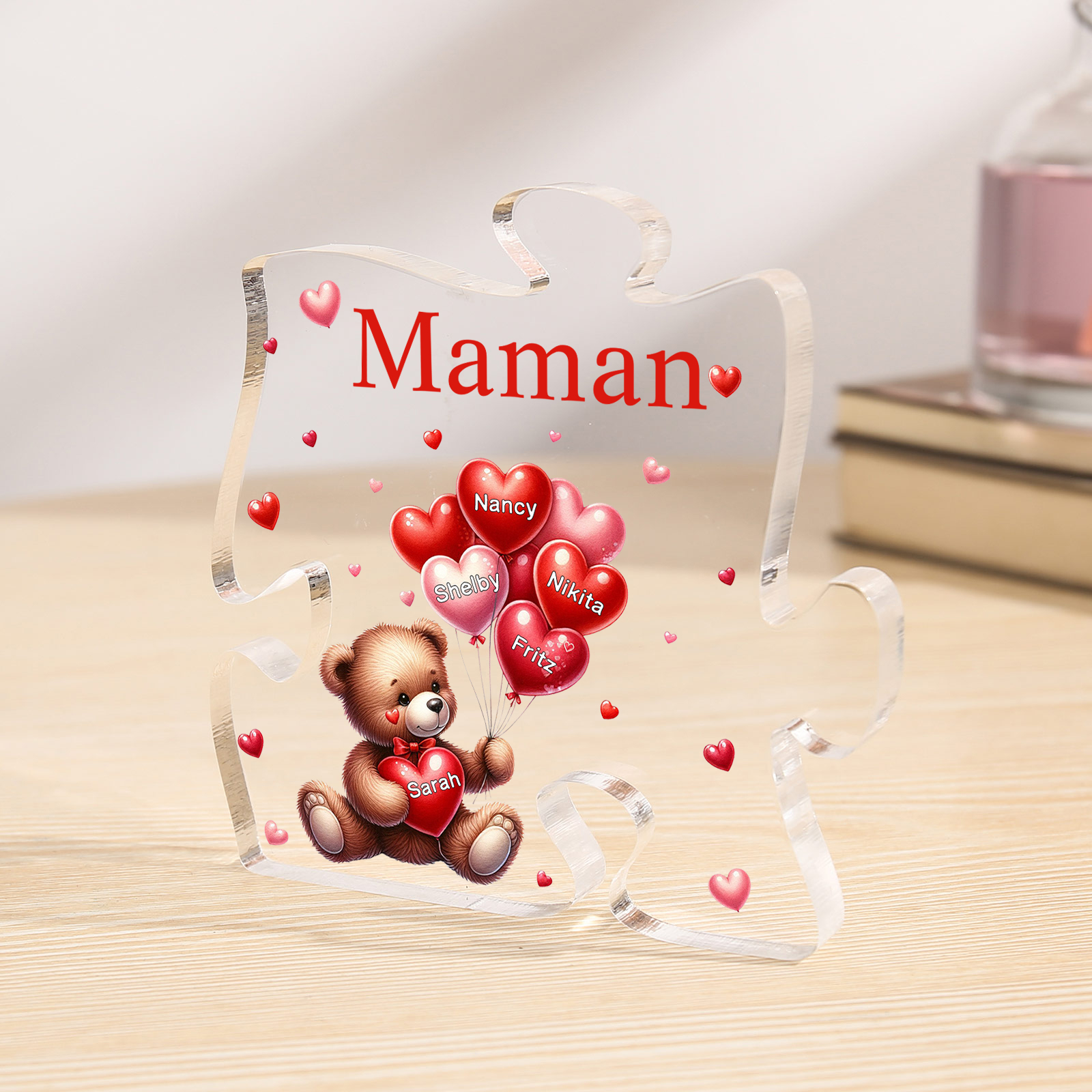 Plaque Acrylique en forme de Puzzle Ours 5 Prénoms et 1 Texte Personnalisés