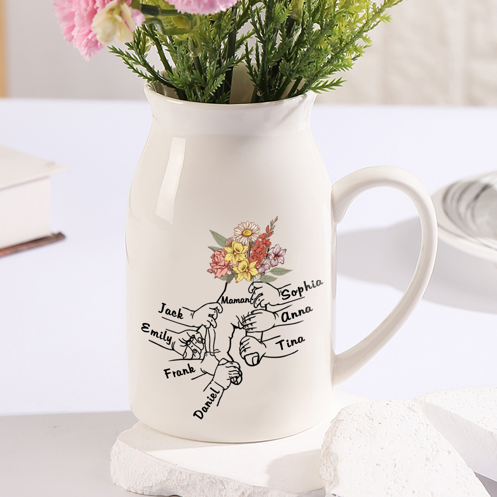 Vase à Fleurs la main dans la main 7 Prénoms Personnalisés avec Texte Décoration de la Maison