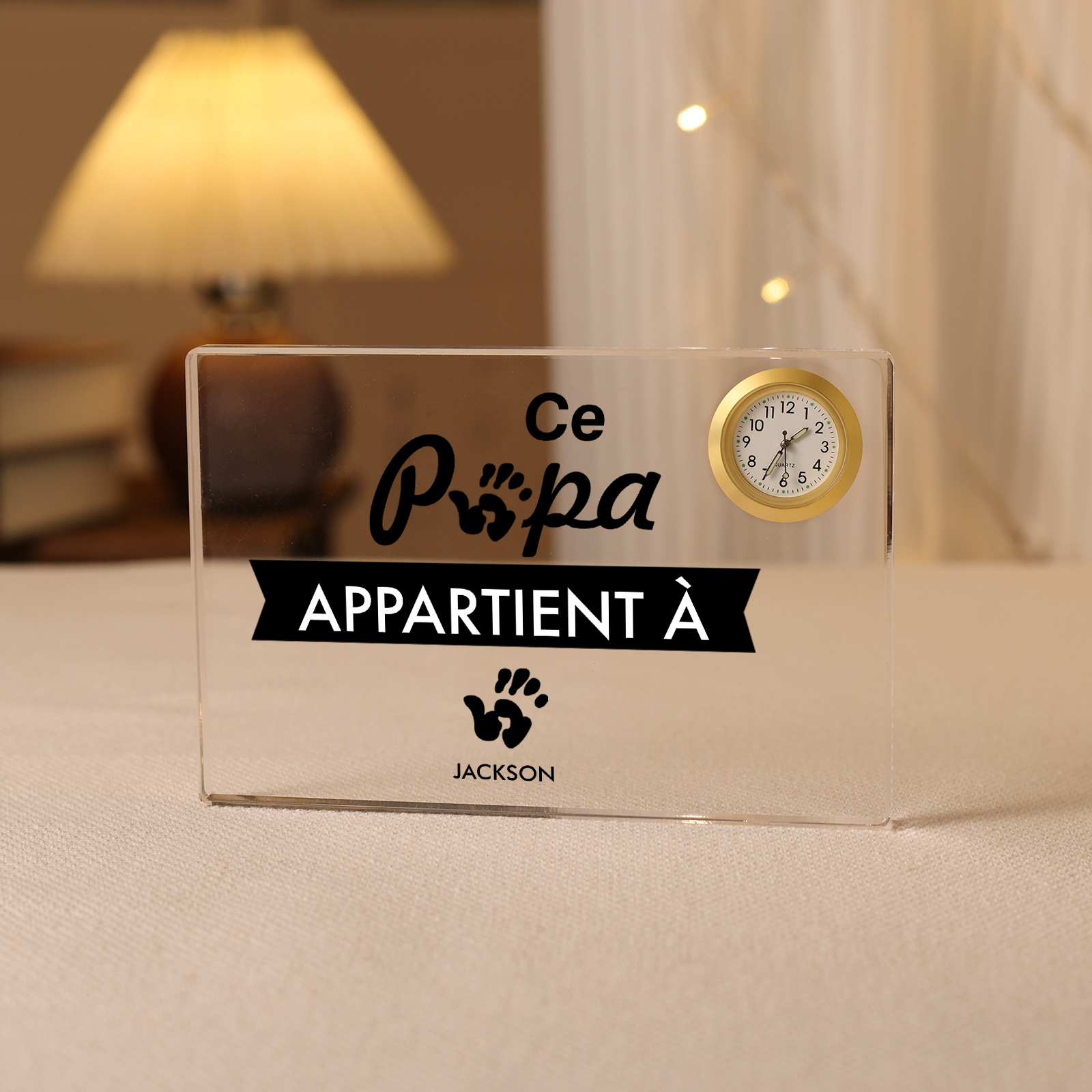 À mon papa - Plaque Acrylique rectangle avec Horloge Empreinte De Main 1 Prénom Personnalisé