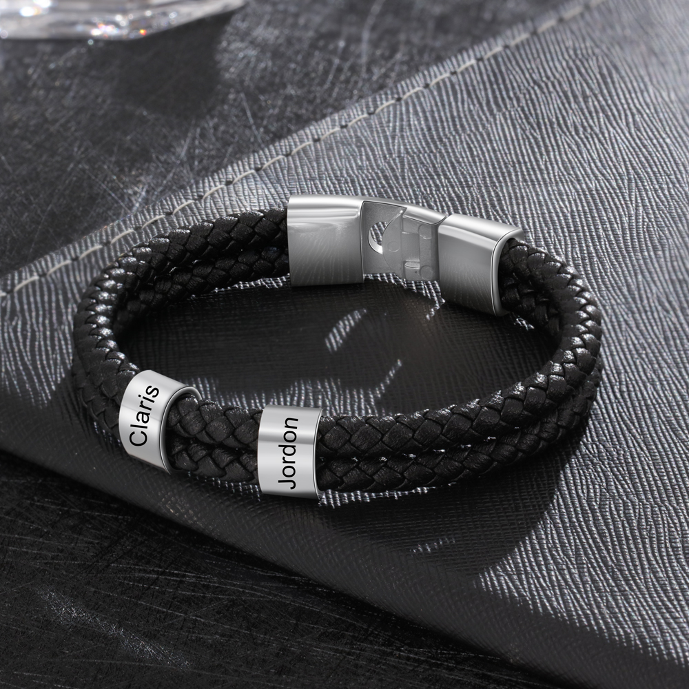 À mon Papa - Bracelet en Cuir et Acier personnalisé avec 2 Prénom | Jessemade