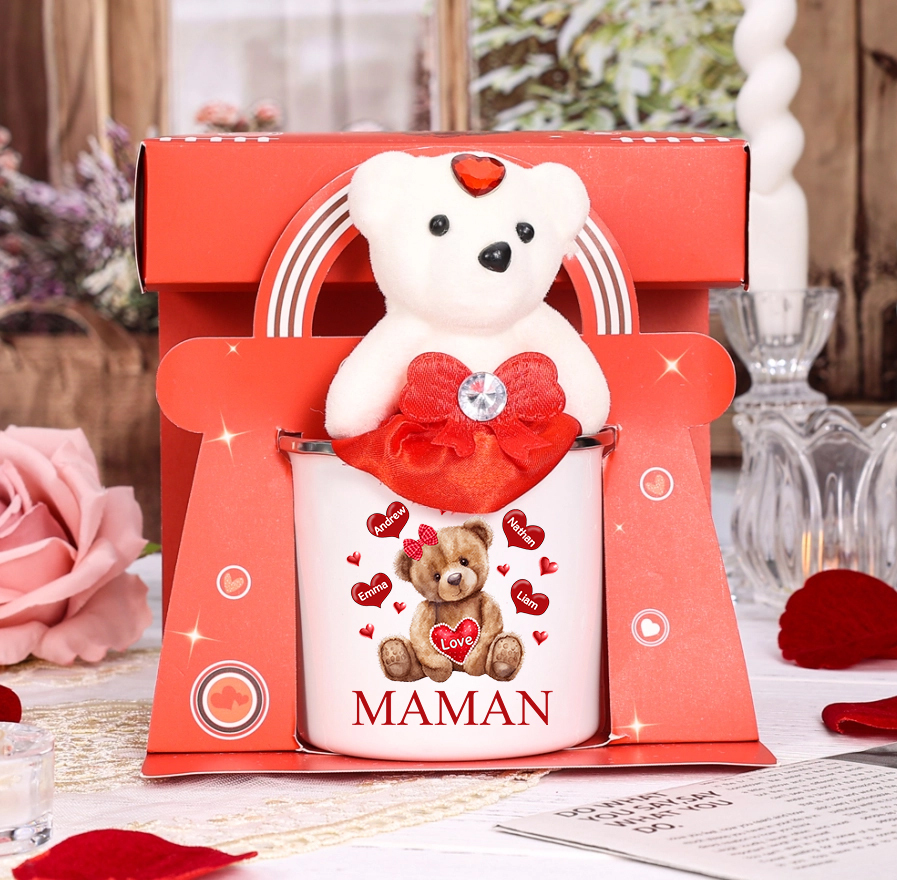 À Maman/Mamie - Tasse émaillée Ours 4 Prénoms Personnalisés