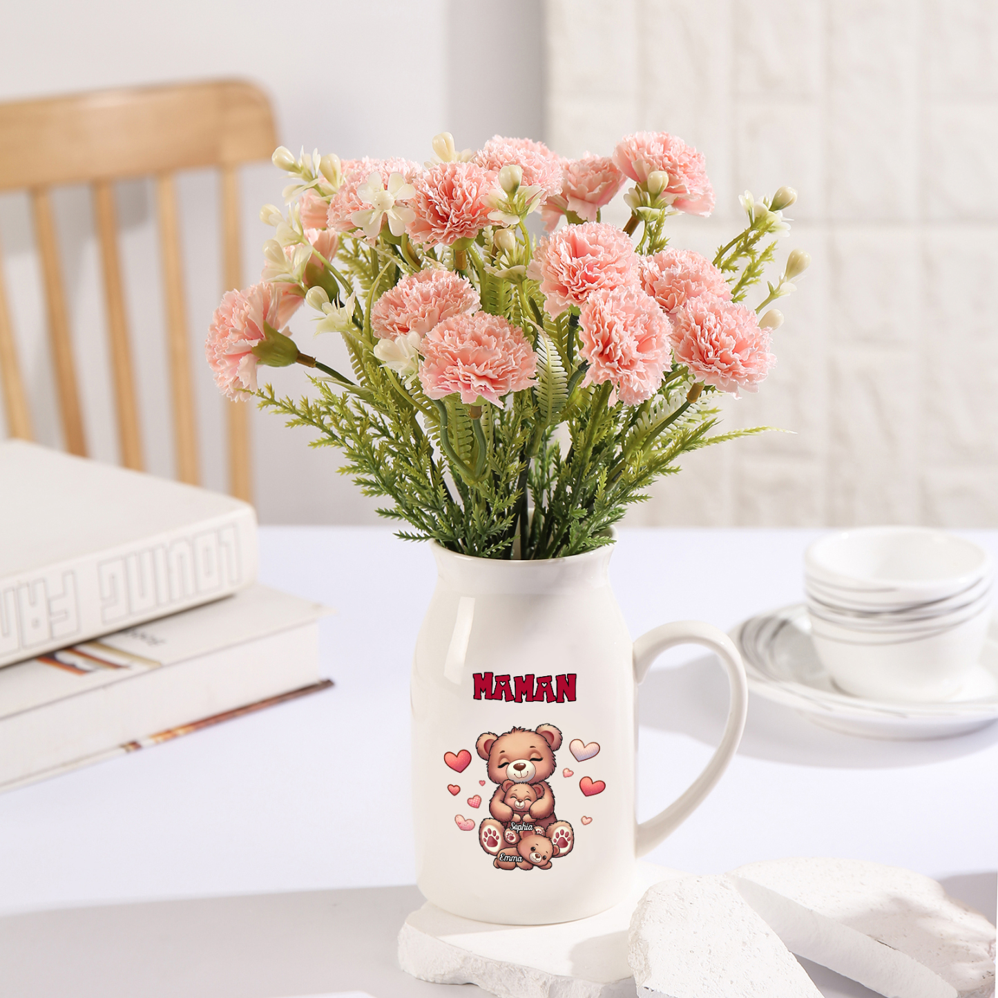 Vase à Fleurs Ours 2 Prénoms Personnalisés avec Texte Décoration de la Maison