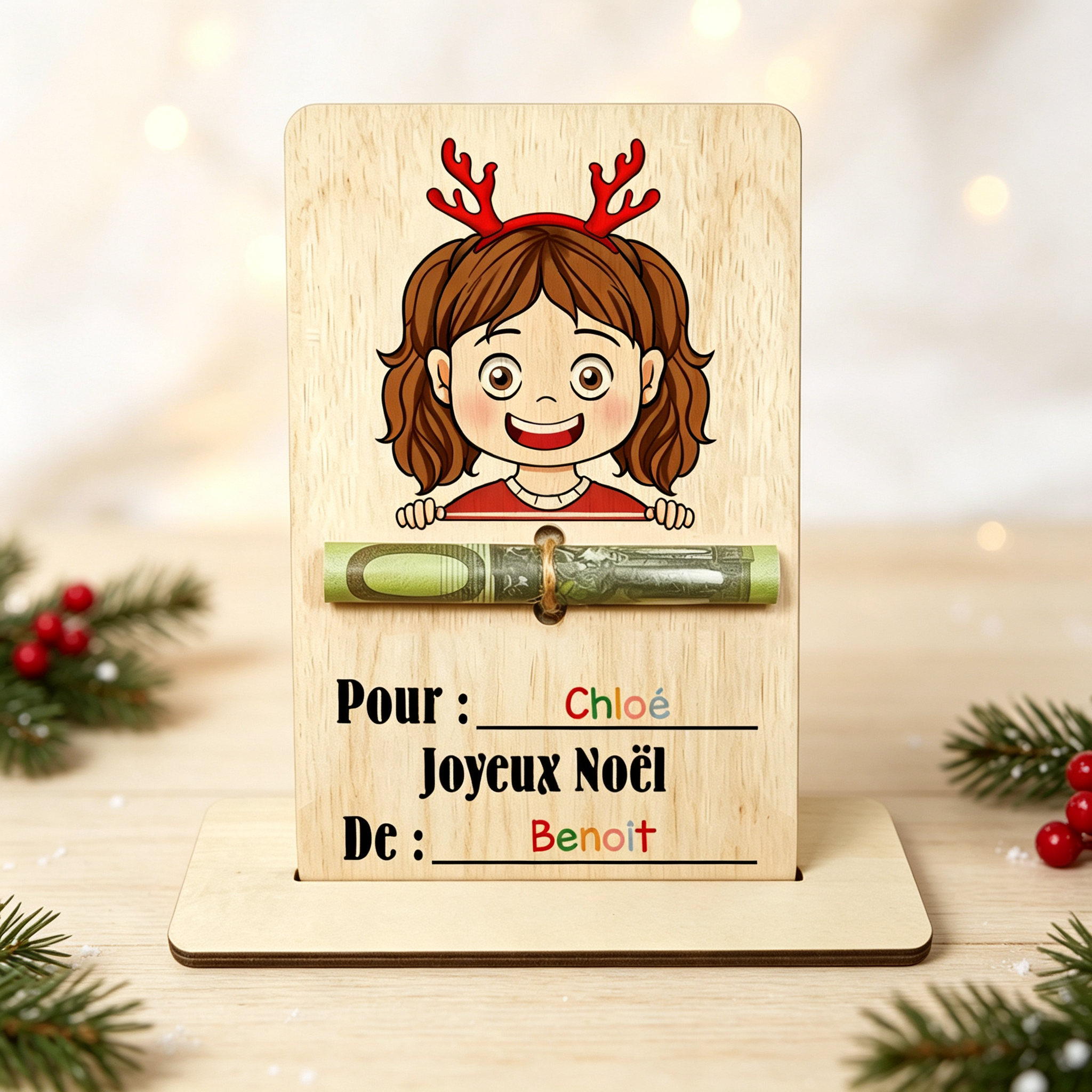 Porte-Billet de Noël Personnalisé en Bois avec 2 Prénoms – Carte Cadeau Argent pour Enfant