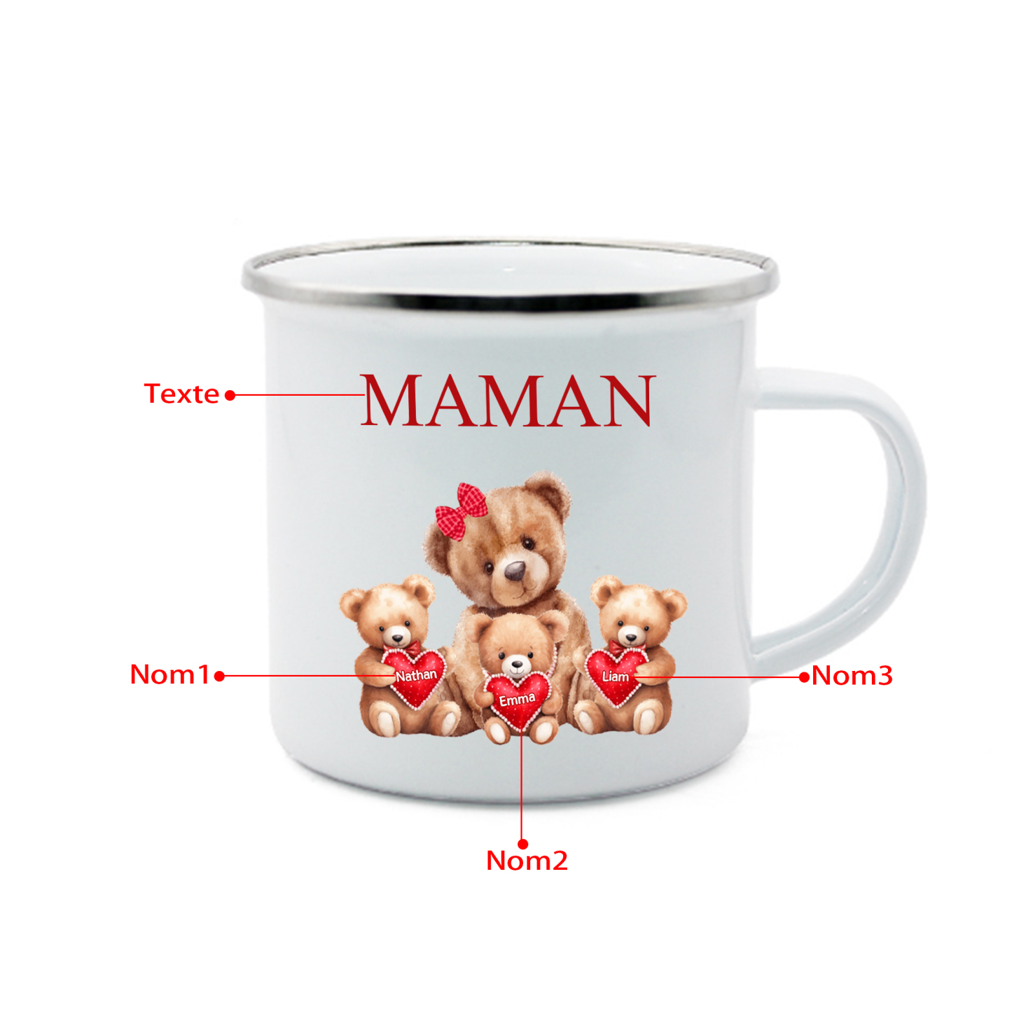 À Maman/Mamie - Tasse émaillée Ours 3 Prénoms Personnalisés