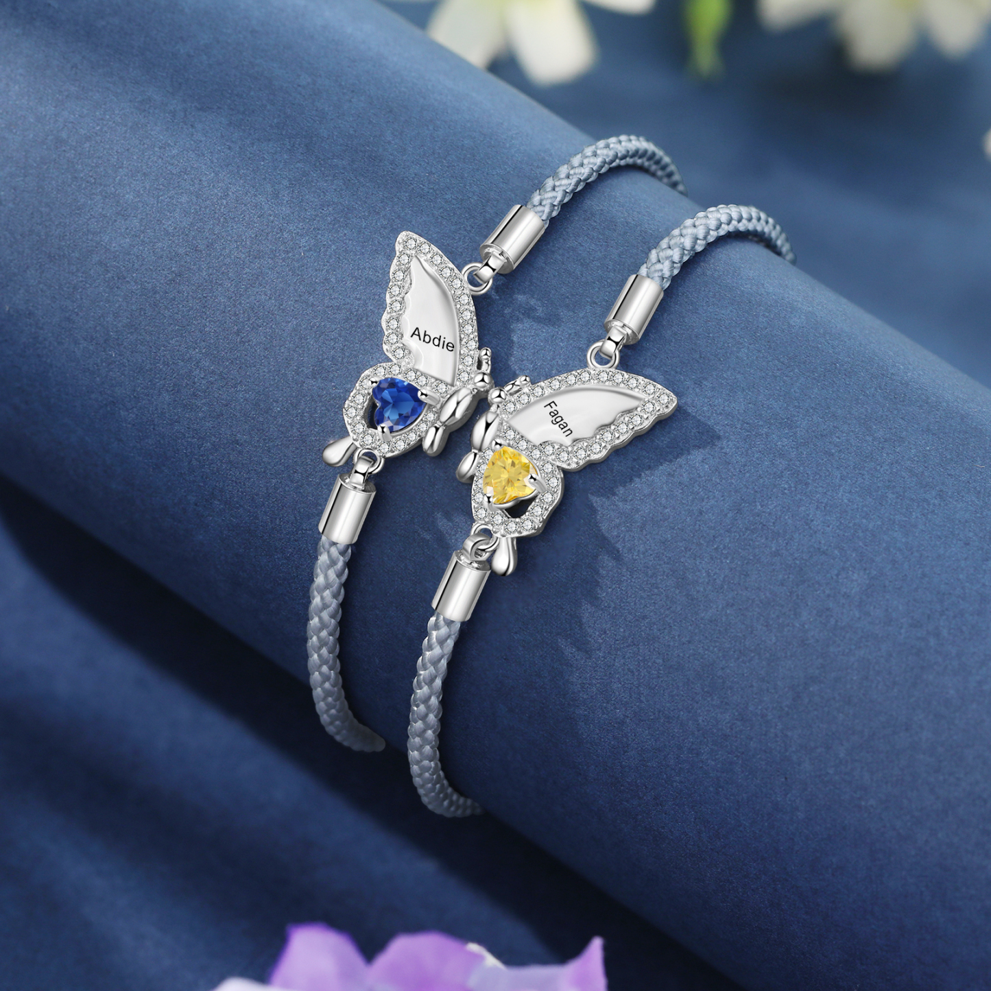 2PCS Bracelets Papillon Bracelet en Commun 2 Prénoms Personnalisées av
