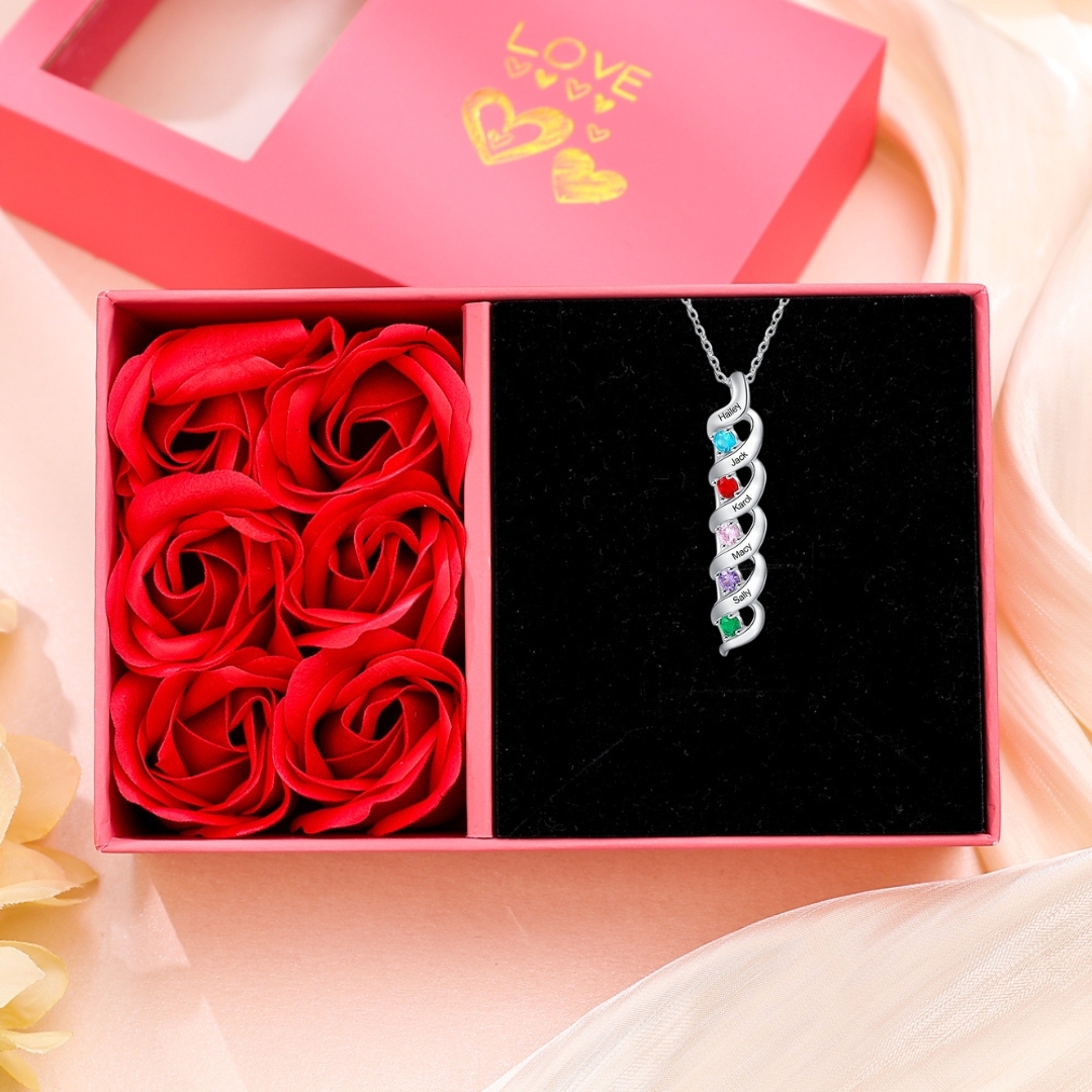 Collier ADN Personnalisé avec 1 à 10 Prénoms et Pierres de Naissance – Cadeau pour la Famille et les Proches