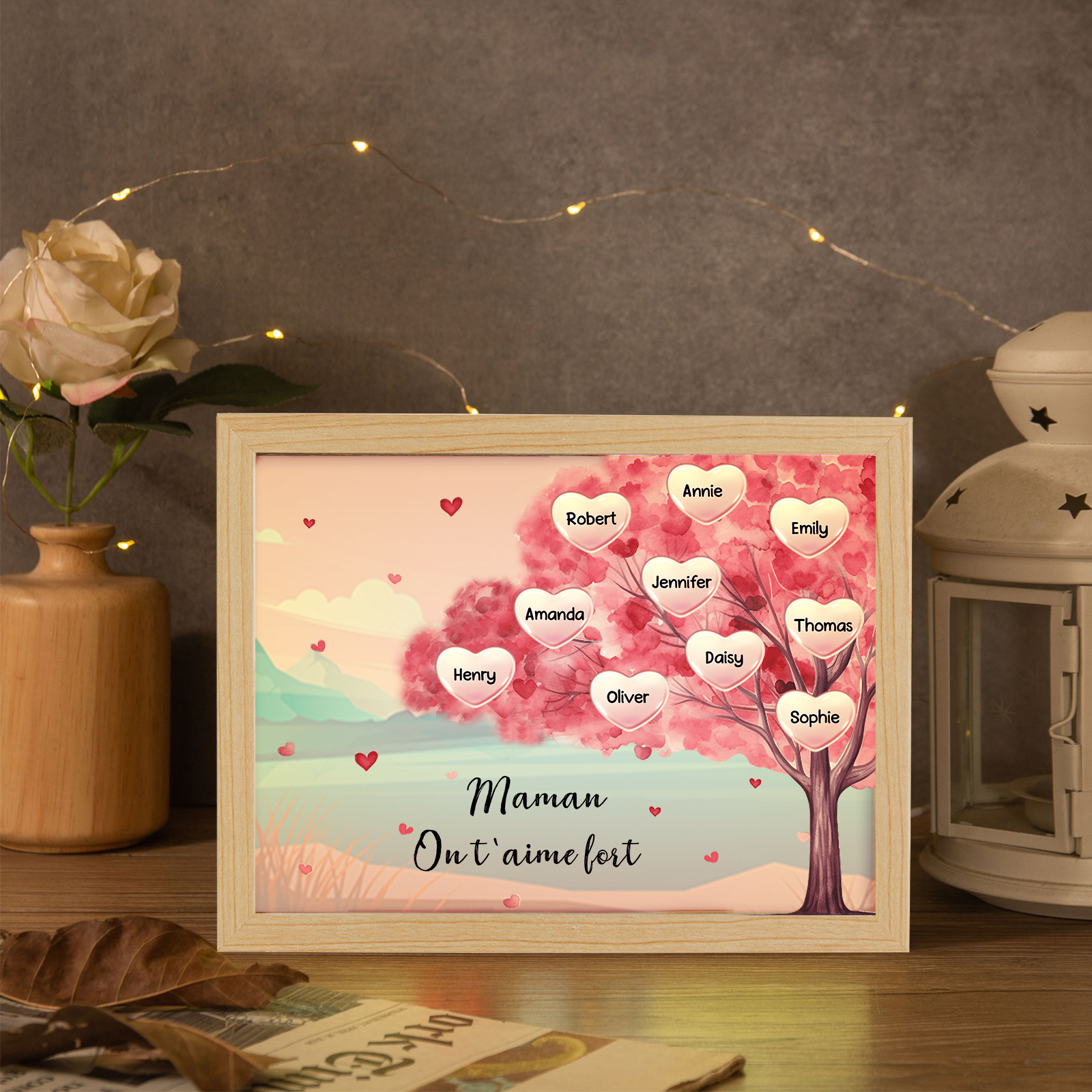 Cadre Photo LED Arbre 10 Prénoms Personnalisés avec 1 Texte Décoration Famille
