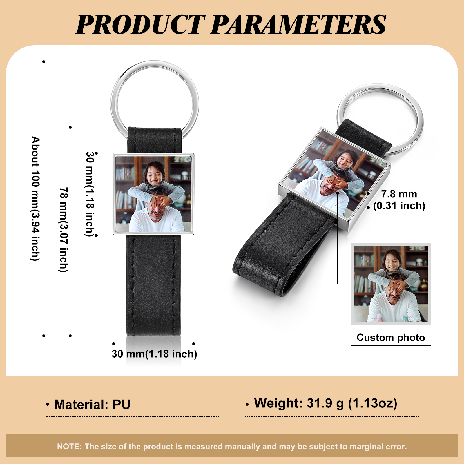 Porte-Clés Cuir PU Carré Photo Personnalisée Porte-Clés Homme