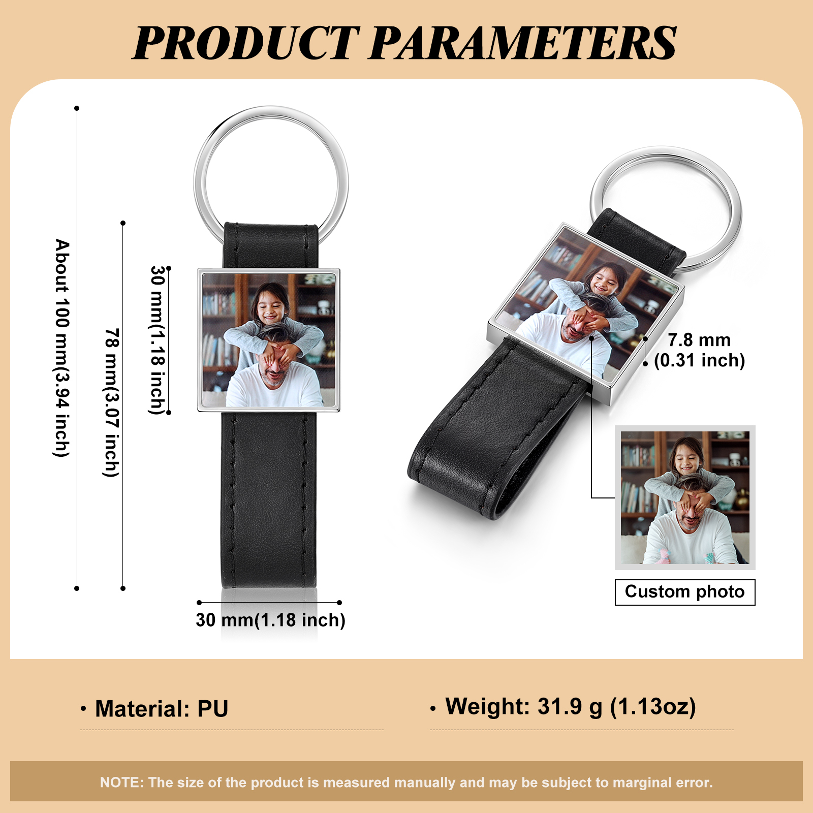 Porte-Clés Cuir PU Carré Photo Personnalisée Porte-Clés Homme