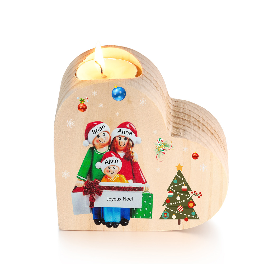 Bougeoir en Bois de Noël Poupée 3 Prénoms Personnalisés sans bougie