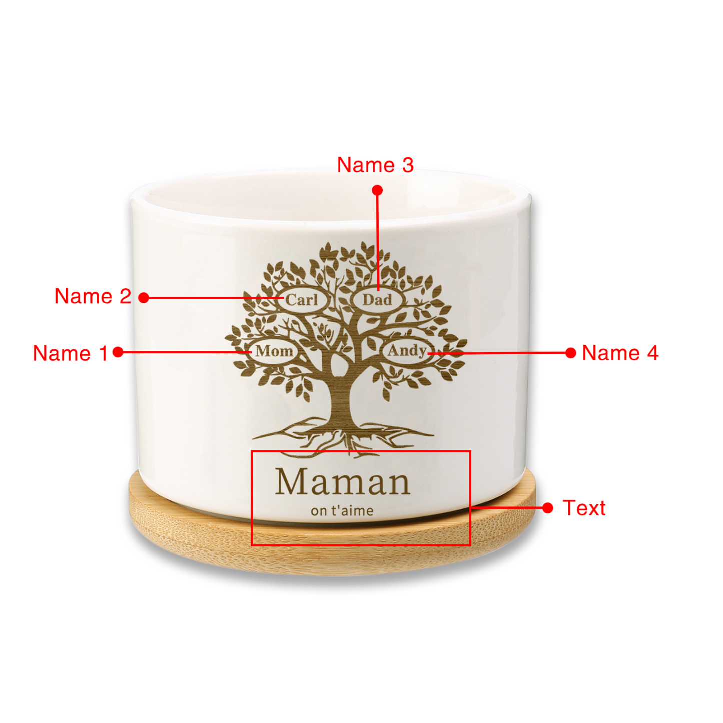 Vase/Pot de Fleurs Arbre de vie 4 Prénoms Personnalisés avec Texte Décoration de la Maison (sans plantes)