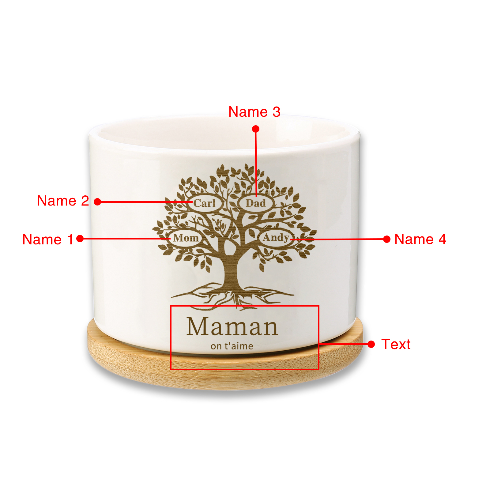 Vase/Pot de Fleurs Arbre de vie 4 Prénoms Personnalisés avec Texte Décoration de la Maison (sans plantes)