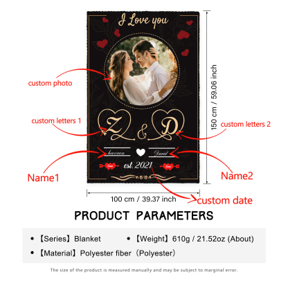 Couverture plaids polaire amour 2 Prénoms Personnalisé avec date et photo et 2 lettres et années | Jessemade