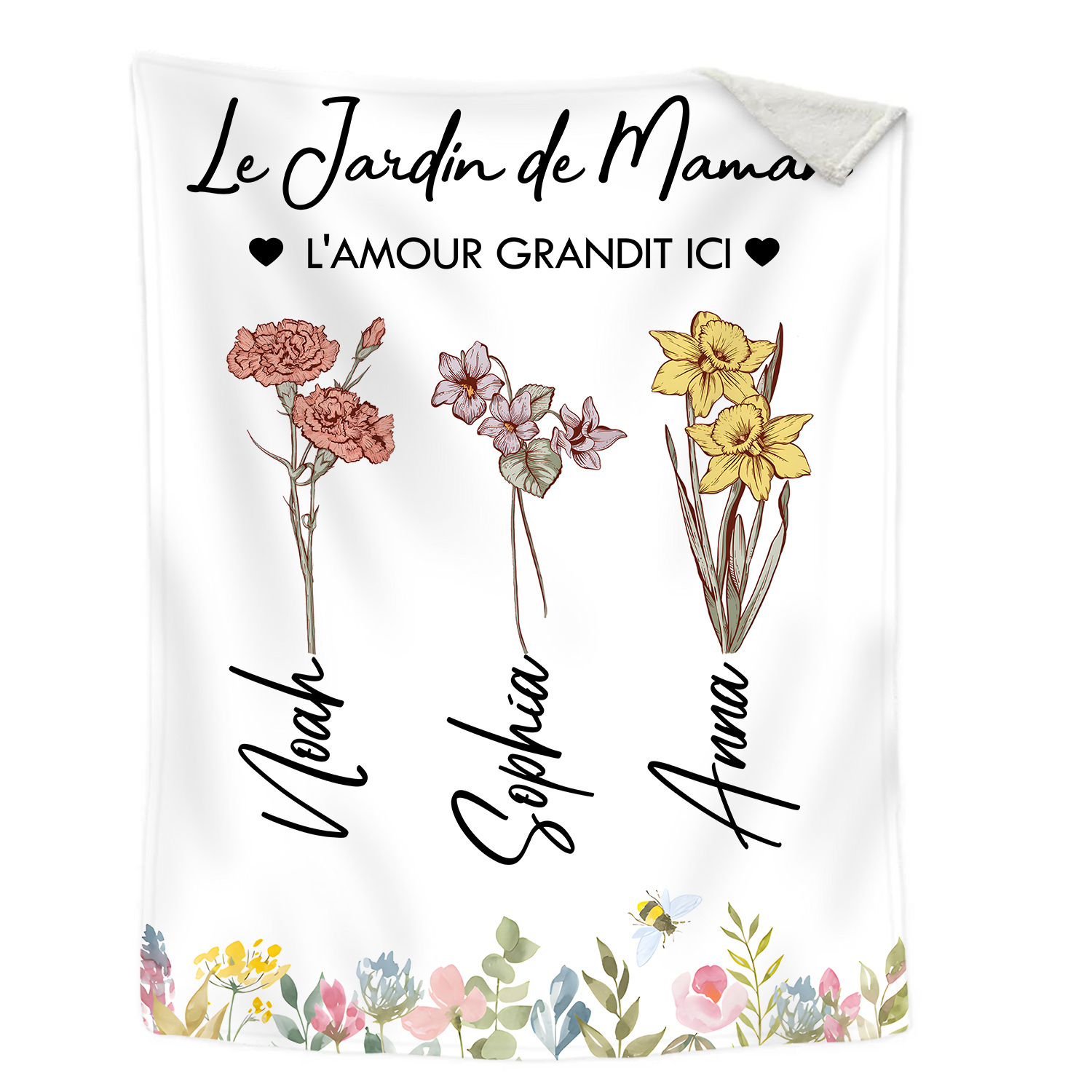 À ma Maman - Plaid Personnalisé 3 Prénoms Personnalisés avec Fleurs de Naissance Couverture le jardin de Maman en Flanelle Blanc ou Rose | Jessemade