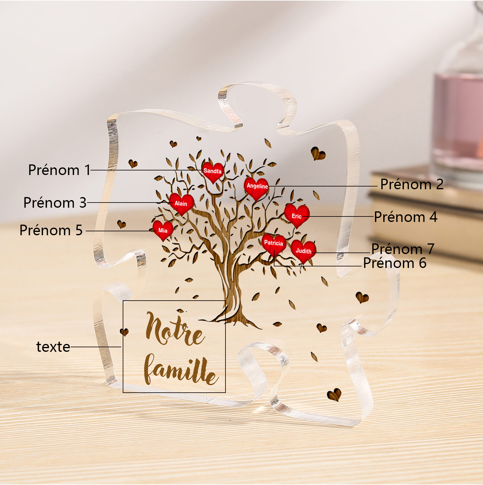Plaque Acrylique en forme de Puzzle Arbre de Vie 7 Prénoms et Texte Personnalisés