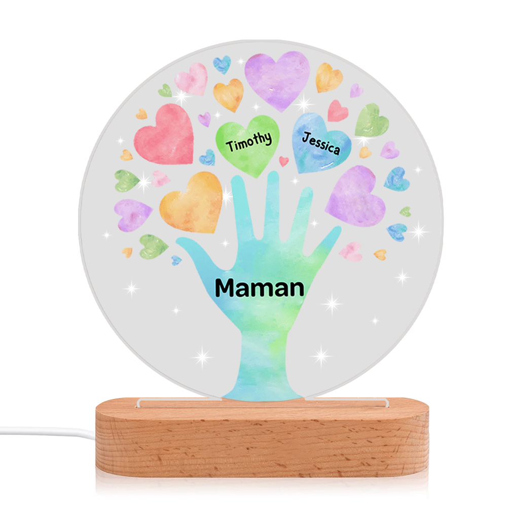 À Maman/Mamie - Lampe de chevet LED Lumières Cœur 2 Prénoms Personnalisés avec 1 Texte pour Famille