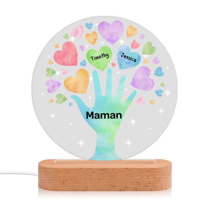 À Maman/Mamie - Lampe de chevet LED Lumières Cœur 2 Prénoms Personnalisés avec 1 Texte pour Famille