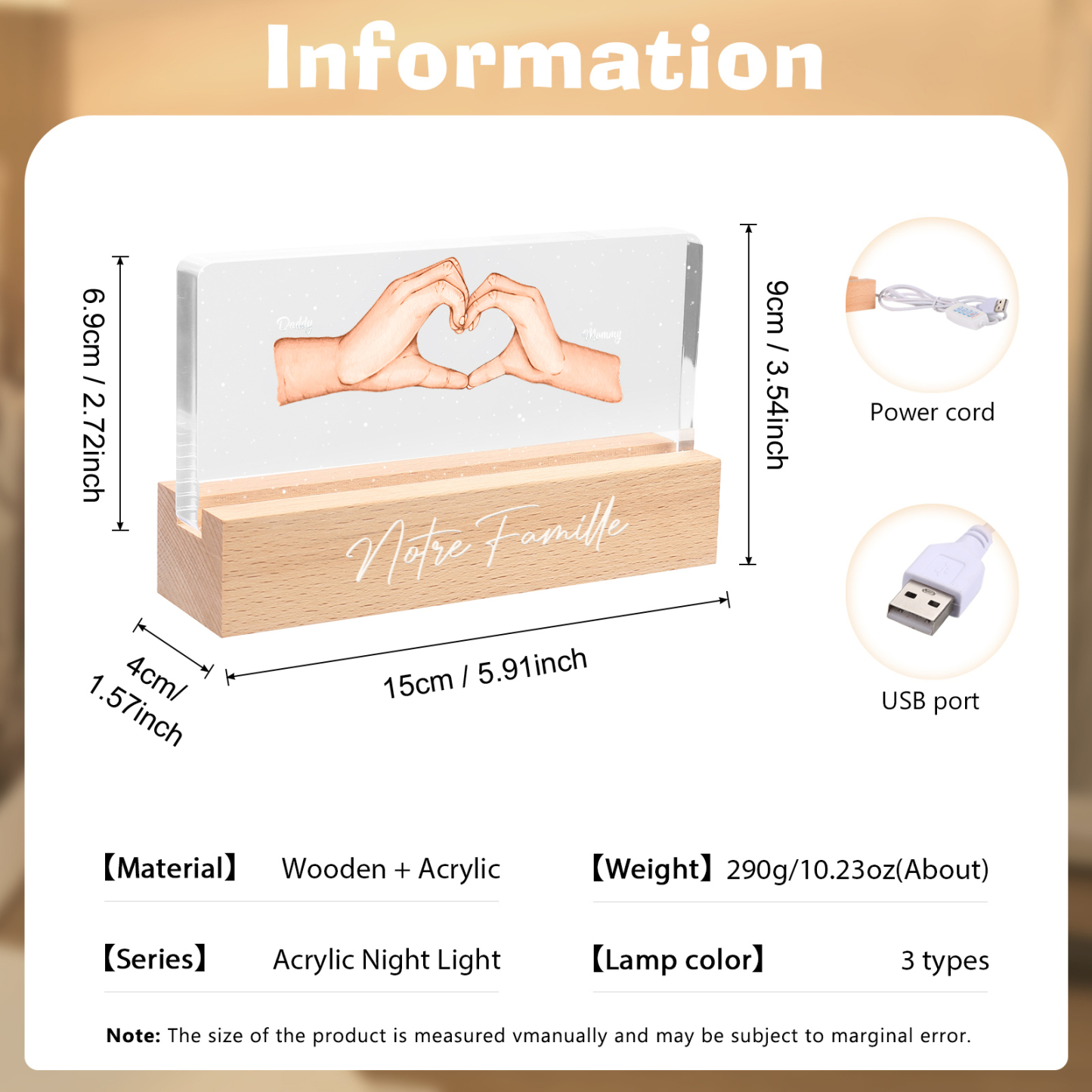 À ma Famille- Lampe de chevet LED la Main dans la Main 2 Prénoms Personnalisés avec Texte