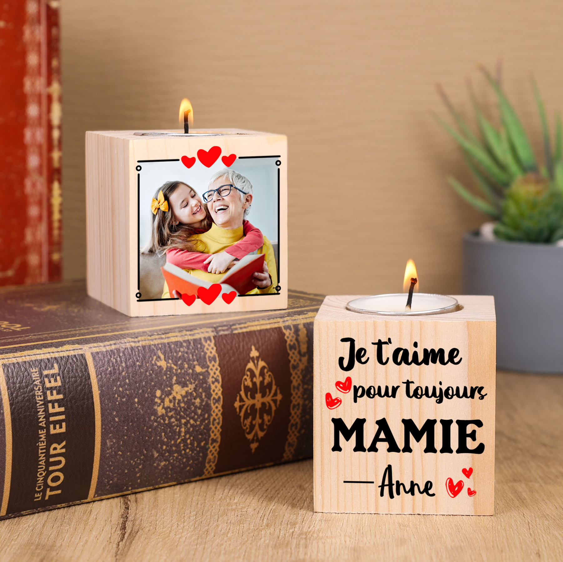 À Ma Mamie - Bougeoir en Bois 1 Prénom et Photo Personnalisés sans bougie