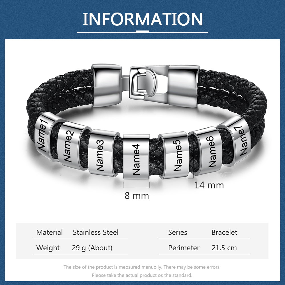 Bracelet Cuir tressé 7 Perles Prénom Personnalisé Homme