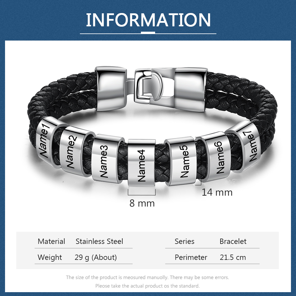 Bracelet Cuir tressé 7 Perles Prénom Personnalisé Homme