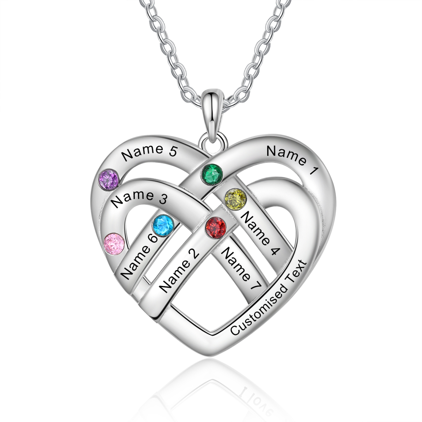Collier Pendentif Cœur 7 Prénoms et 1 Texte Personnalisés avec 6 Pierres de Naissance Collier Femmes
