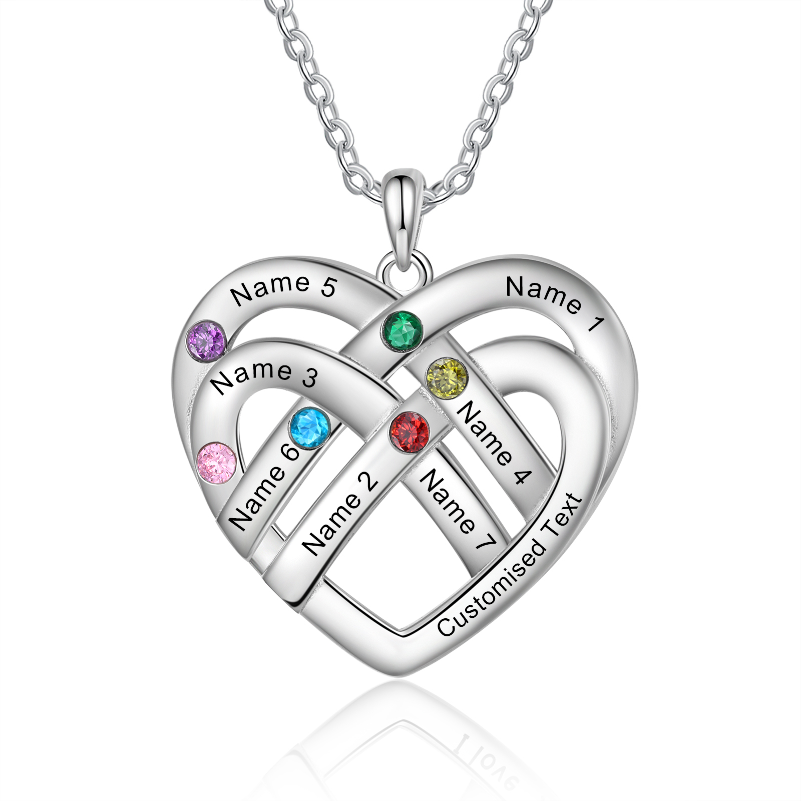Collier Pendentif Cœur 7 Prénoms et 1 Texte Personnalisés avec 6 Pierres de Naissance Collier Femmes