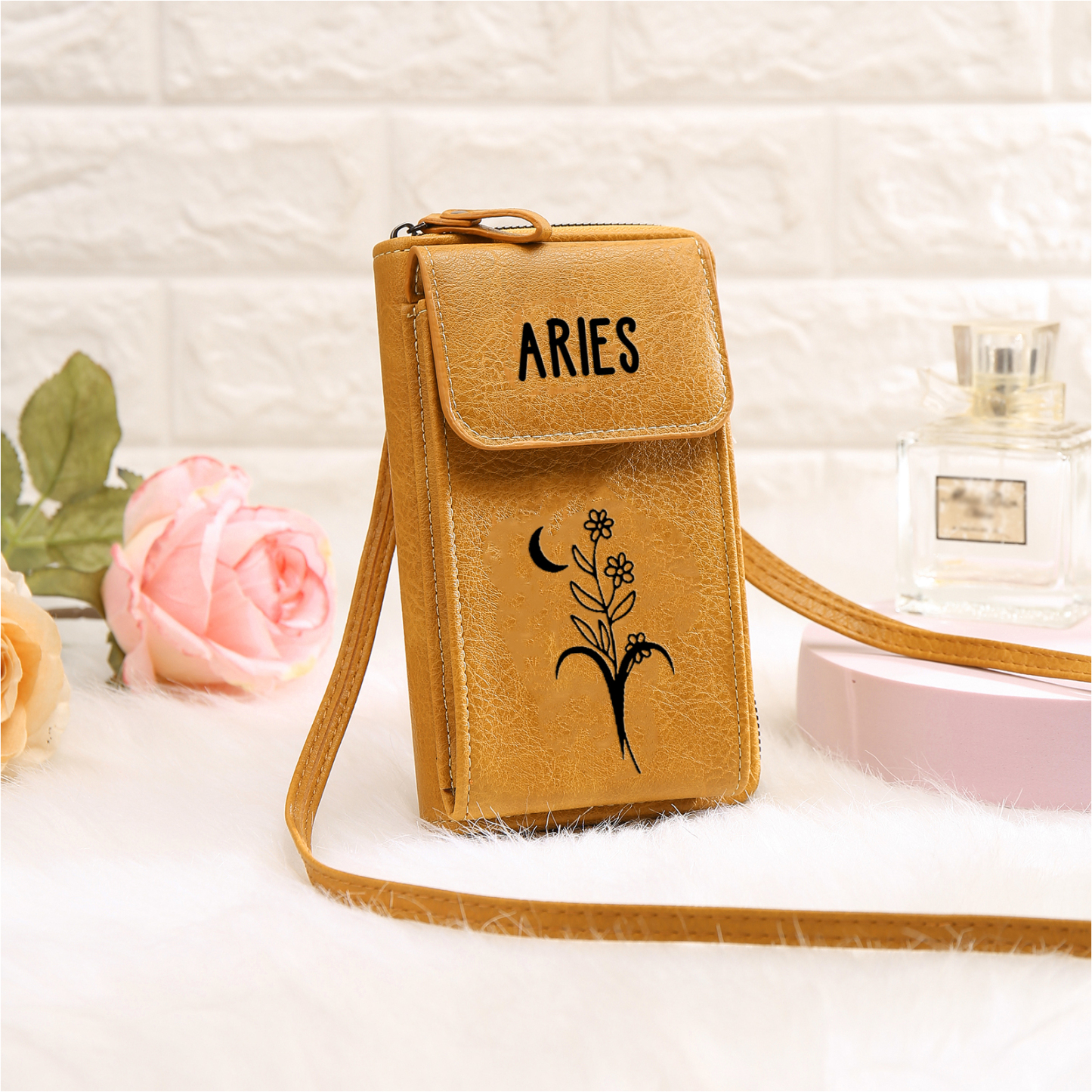 Portefeuille/Sac Bandoulière Femmes 1 Prénom Personnalisés avec Constellations et Fleur de Naissance Porte-Monnaie Carte