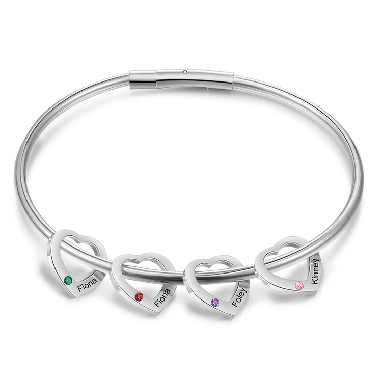 Bracelet Jonc Bracelet Coeur 4 Prénoms Personnalisés avec 4 Pierres de Naissance Argent Or | Jessemade