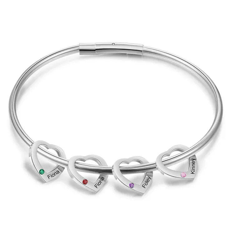 Bracelet Jonc Bracelet Coeur 4 Prénoms Personnalisés avec 4 Pierres de Naissance Argent Or | Jessemade