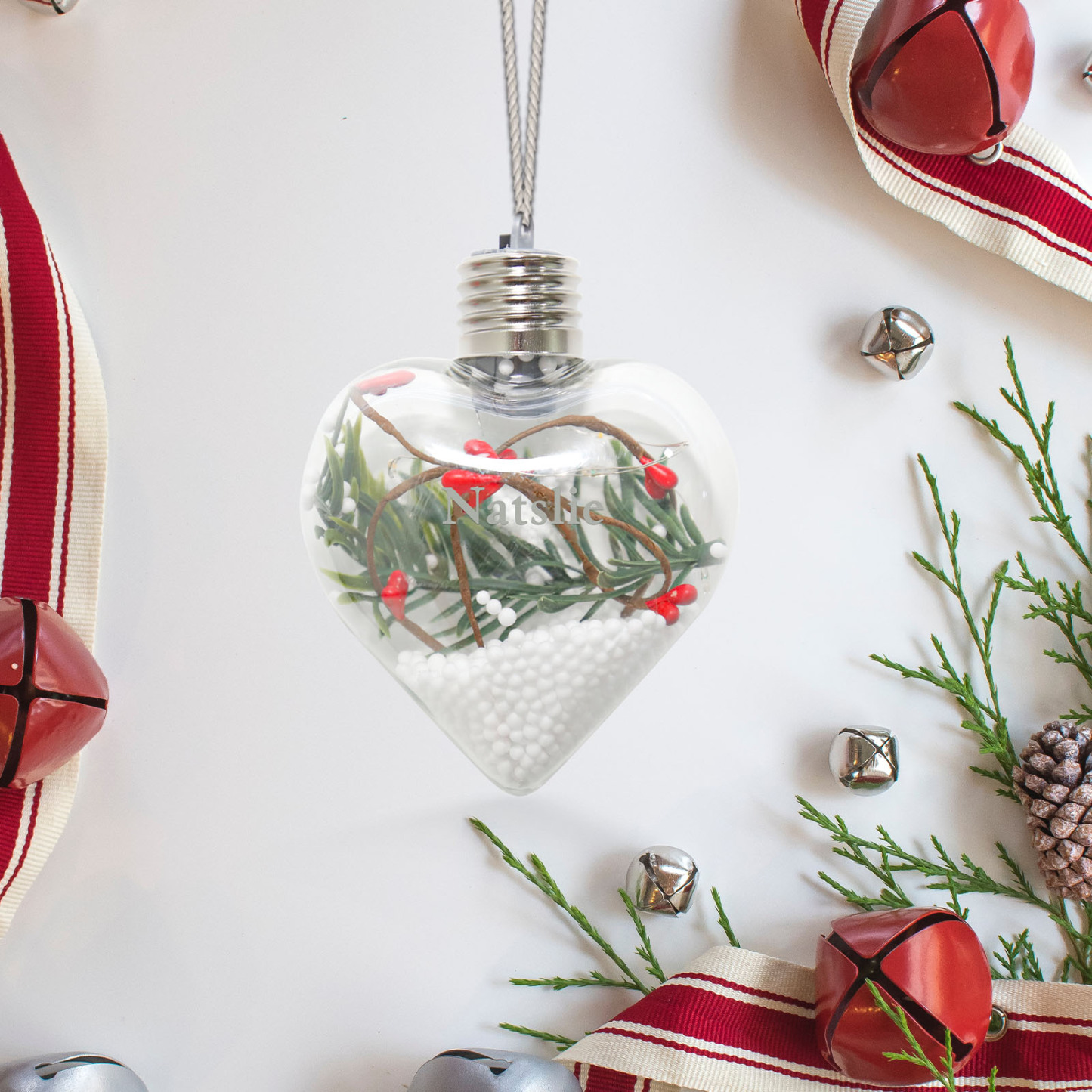 Ornements de Boule transparente Cœur de Noël avec lumières LED texte Personnalisé boule de noël | Jessemade