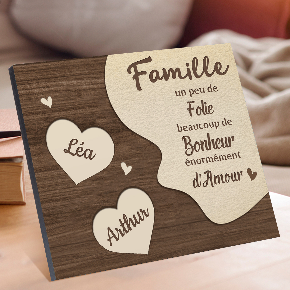 Cadre en Bois Cœur 2 Prénoms Personnalisés pour Famille