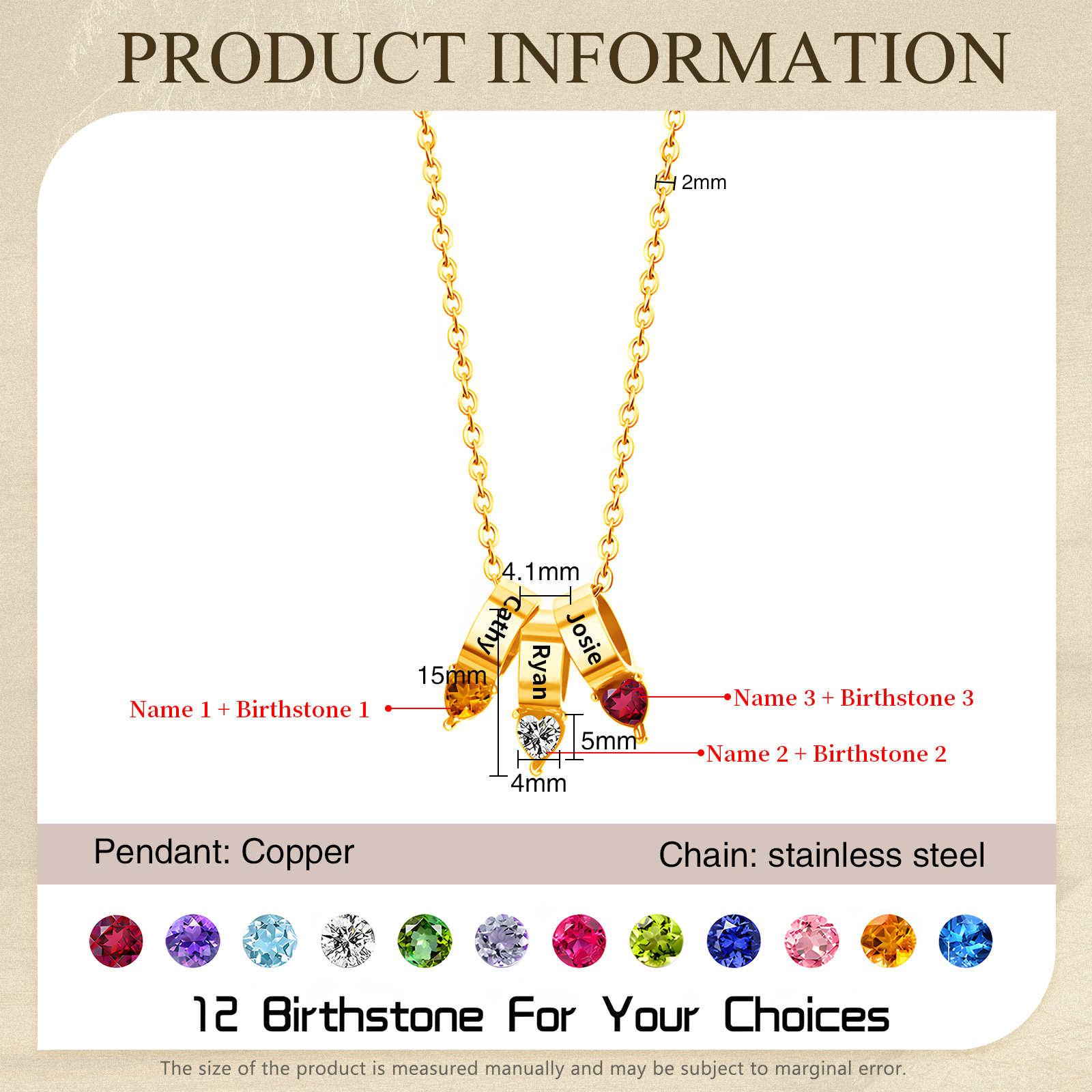 Collier Pendentif Cœur 3 Prénoms et Pierres de Naissance Personnalisés Collier Femmes
