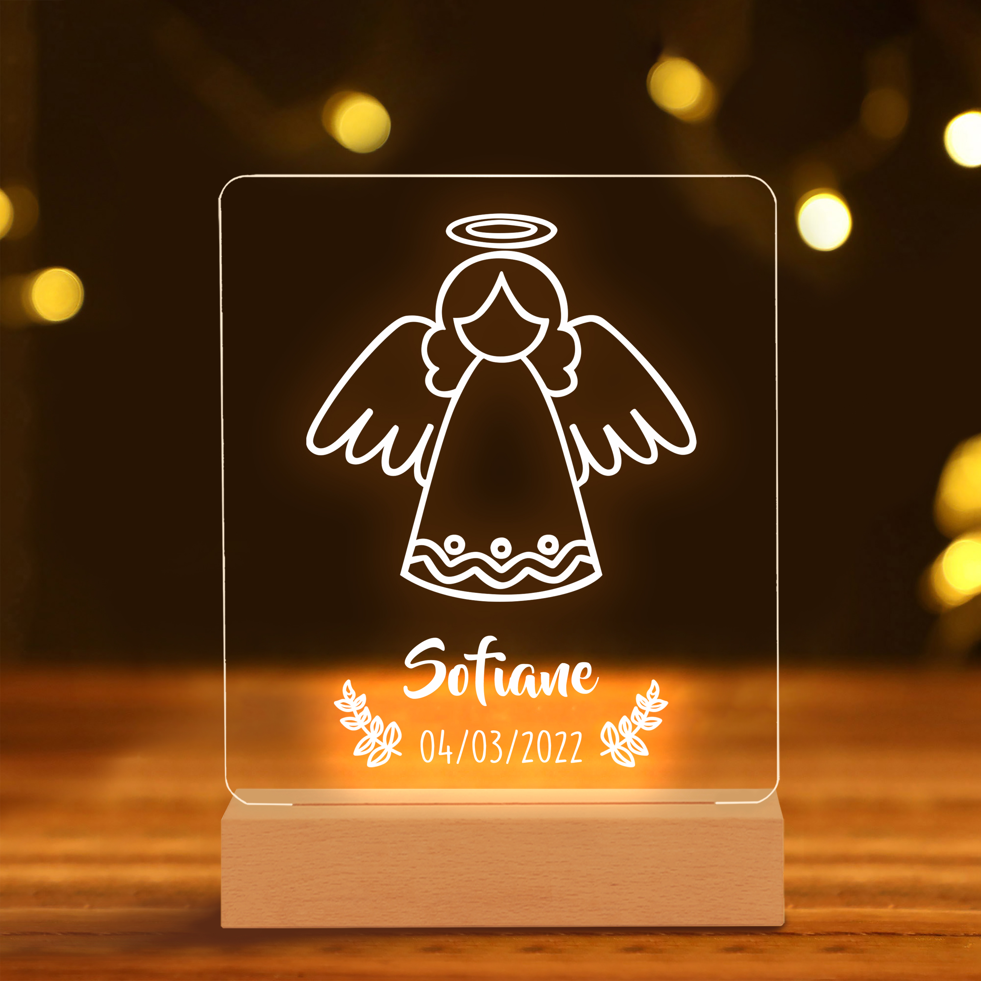 Baptême Lampe de Chevet LED Ange 1 Prénom Personnalisé avec Date