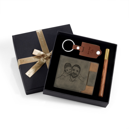 Coffret Cadeau 3PCS - Portefeuille classique Porte-Clés et Stylo 1 Prénom et Lettre Personnalisés avec 2 Photos et Textes  Coffret Cadeau pour Homme