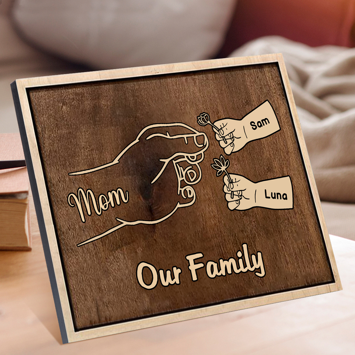 À Maman/Mamie - Cadre en Bois Main et Enfants 3 Prénoms Personnalisés avec Texte Cadeau pour Famille