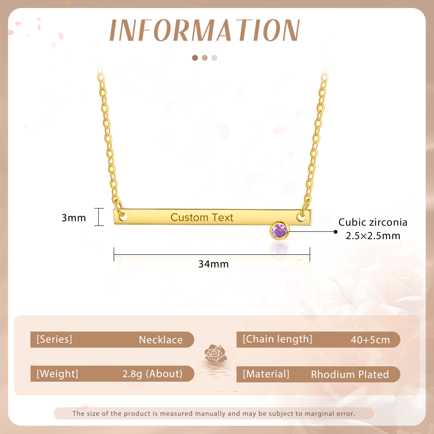 Collier Barre fine 1 Texte Personnalisé avec 1 Pierre de naissance Collier Femmes