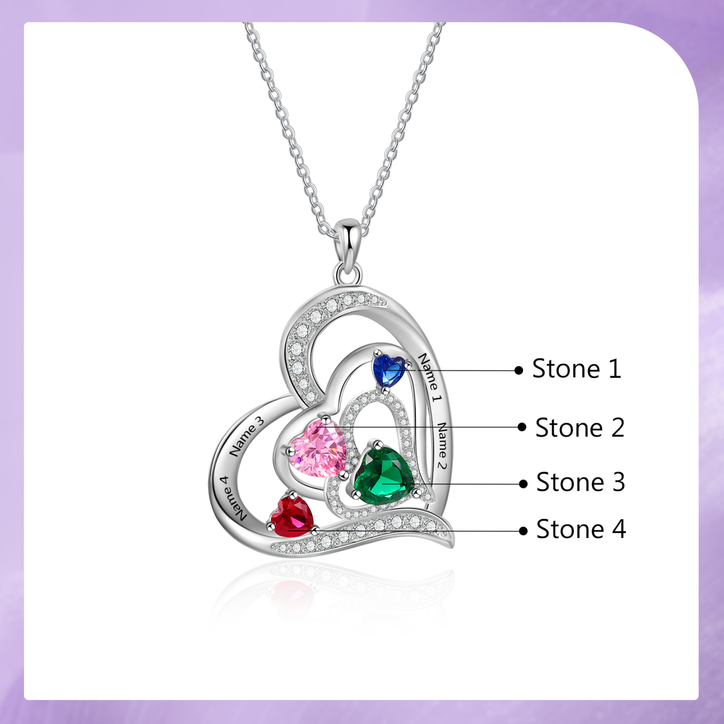 Collier Pendentif Cœur 4 Prénoms Personnalisés avec 4 Pierres de Naissance Collier Femmes