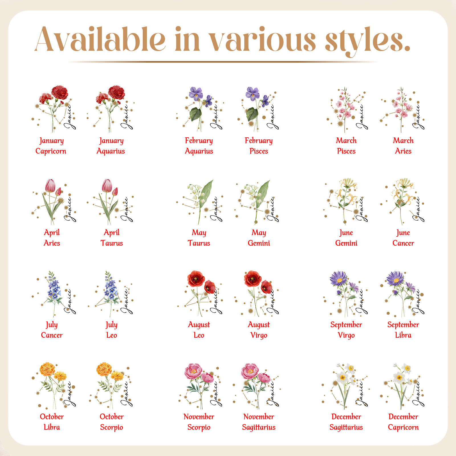 Vase Cœur en céramique Personnalisé avec Fleurs de naissance et signes du zodiaque