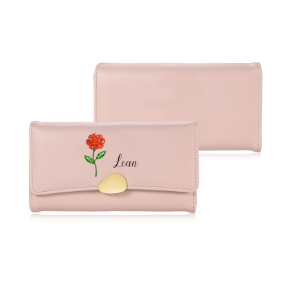 Portefeuille long en cuir pour femme personnalisé, personnalisé avec 1 fleur de naissance et 1 prénom, portefeuille long pour femme, cadeau de fête des Mères et d’anniversaire pour maman, épouse, mamie | Kettenmachen