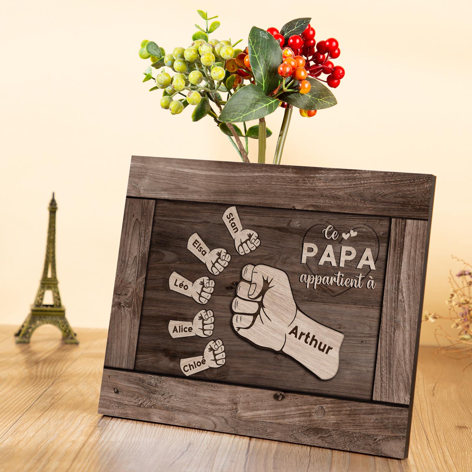 À Mon Papa/Papy-Cadre Imprimé en Bois Poings 6 Prénoms Personnalisés avec Texte
