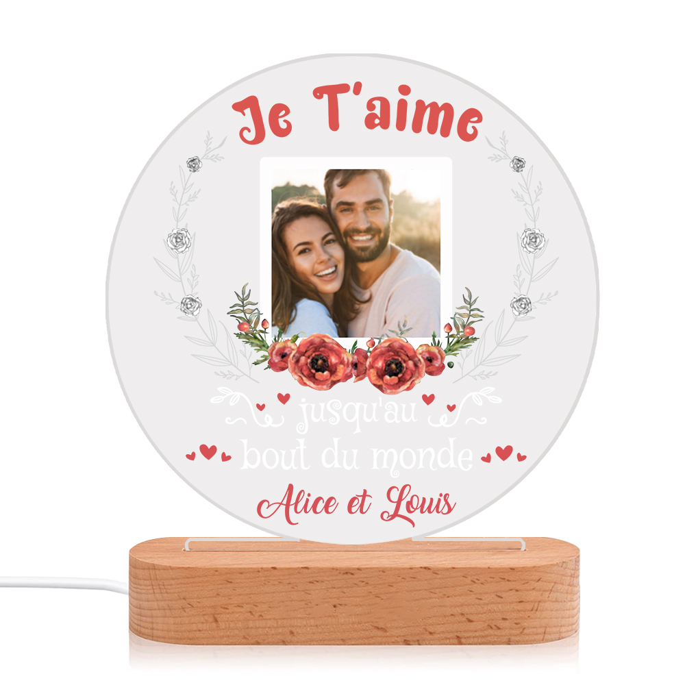 Lampe de chevet Couple LED Lumières 2 Prénoms et 1 Photo Personnalisés