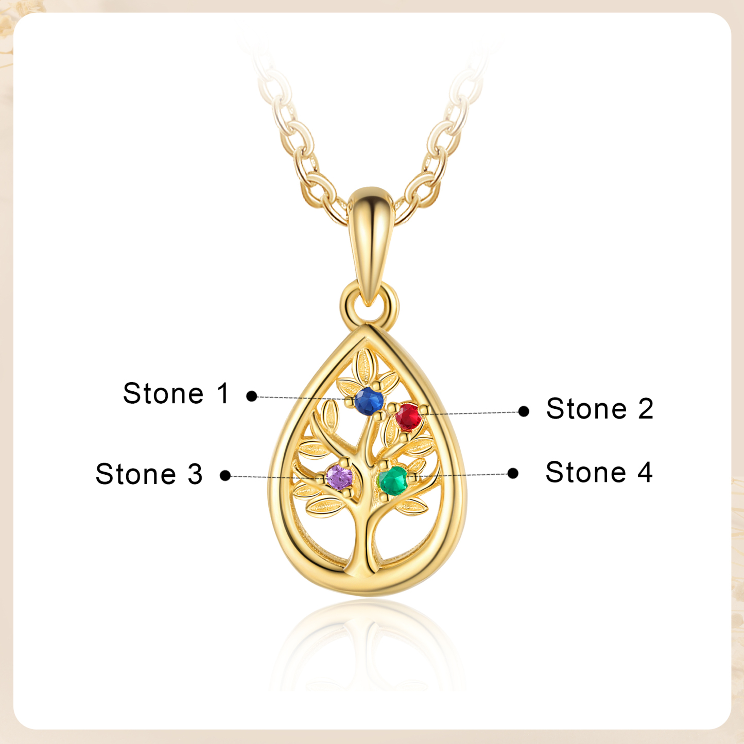 Collier Pendentif Arbre de vie 4 Pierres De Naissance Personnalisés Collier Arbre généalogique