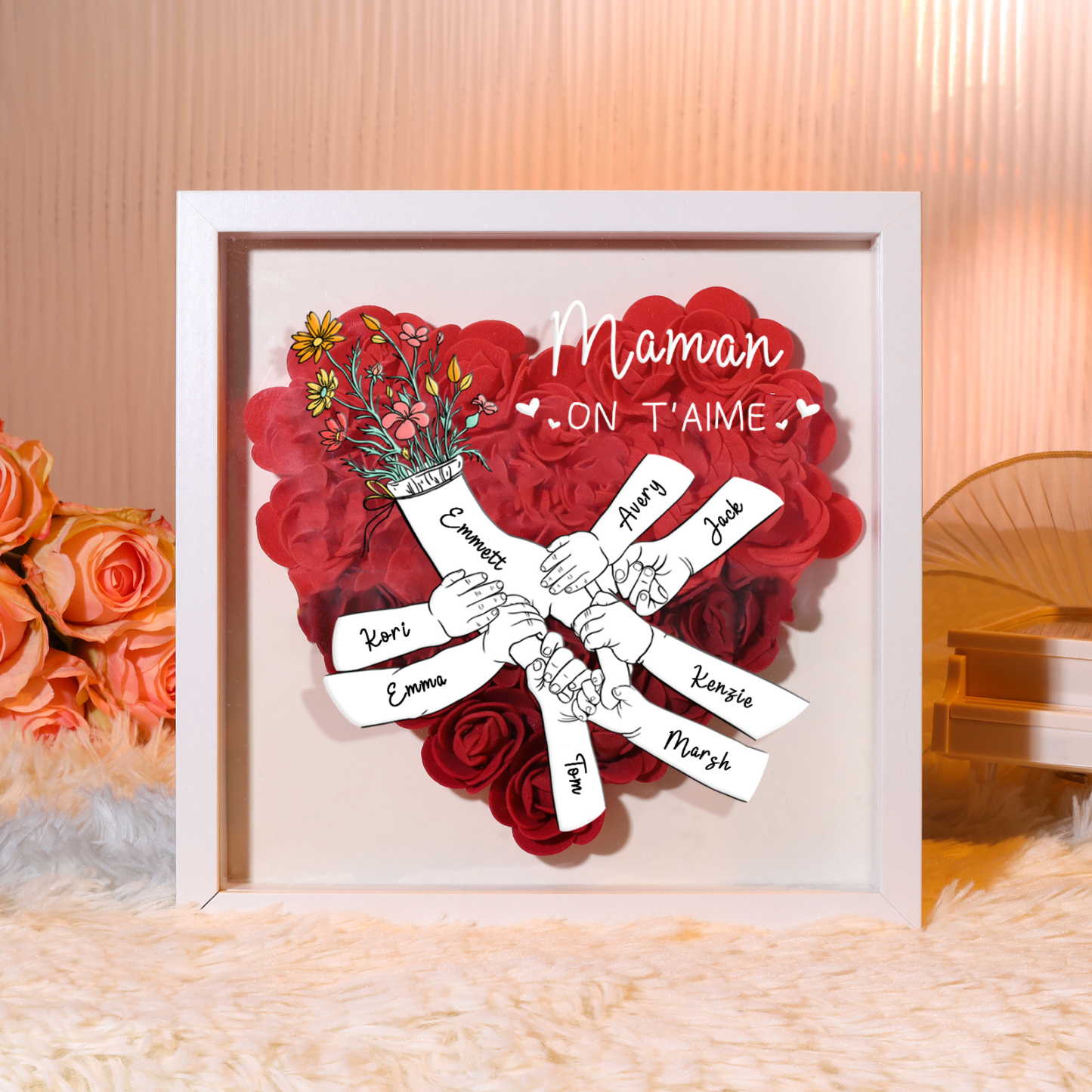 À ma Maman - Cadre Panneau de densité la main dans la main 8 Prénoms et 1 Texte Personnalisés Ornements Floral pour Famille